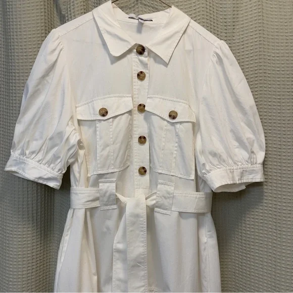 Derek Lam 10 Crosby White Utility Midi Dress - Size 14 Belted Puff Sleeve - Picture 4 of 5